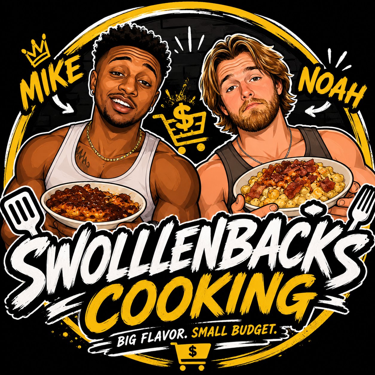 Mike and Noah from Swollenbacks Cooking holding budget meals
